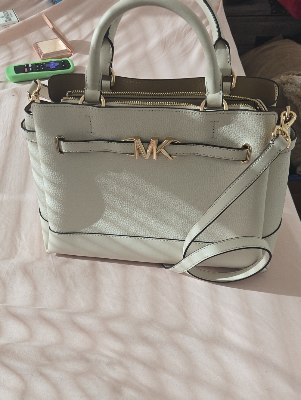 Michael Kors Light Cream Pebbled Leather Satchel with Gold MK Logo